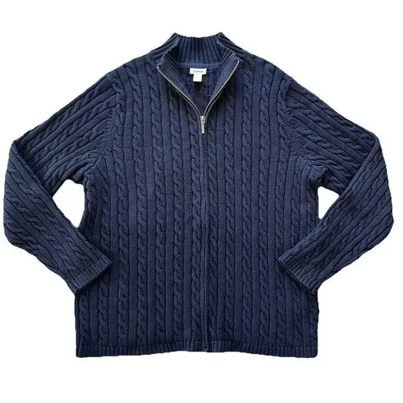 LL Bean Sweater Full Zip Men’s Sz 1X Holiday Cable Knit Blue 100% Cotton 251834 - Picture 1 of 9